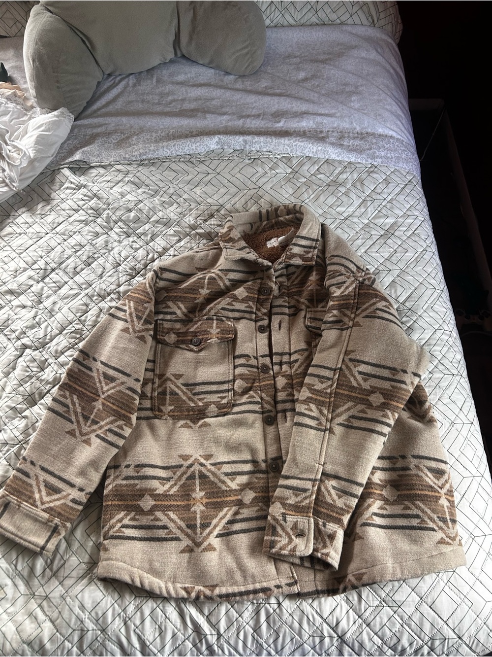 Free Planet Plaid Sherpa-Lined Button Shirt in Beige and Brown